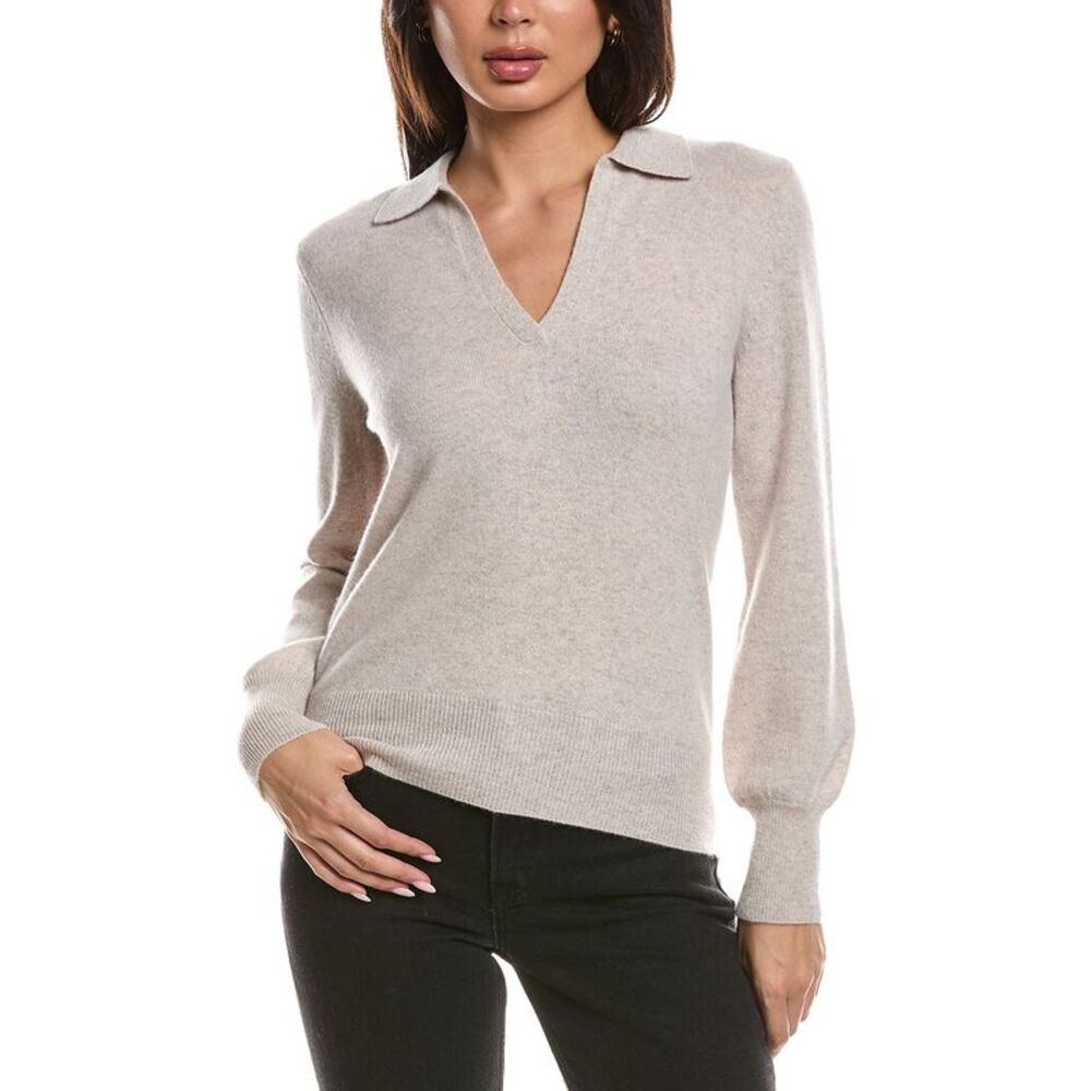 Forte Cashmere Womens  Split Neck 100% Cashmere Polo Sweater, Beige